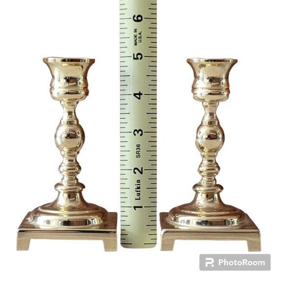 Pair of Vintage Georgian Polished Brass 5" Candle holders with Square Base New - Picture 6 of 12